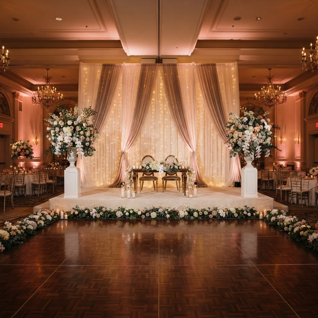 Elegante Hochzeitsbühne mit warmer Beleuchtung und floraler Dekoration